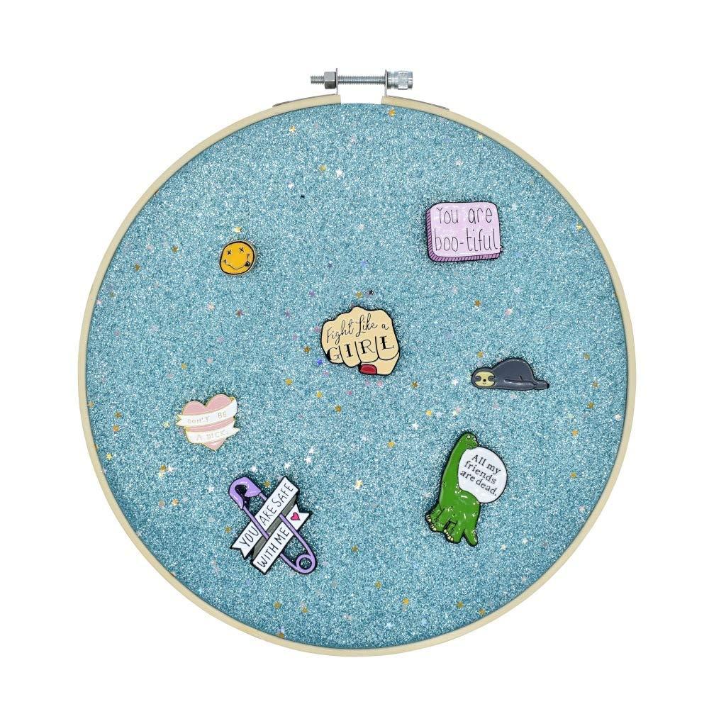 [Australia] - Wall Hanging Brooch Jewelry Storage Display Stand Enamel Pin Display Holder Earrings Necklace Glitter Pin Display Board with Stars, Pin Collection Display, Canvas/Leather Embroidery Hoop (Blue) Blue 