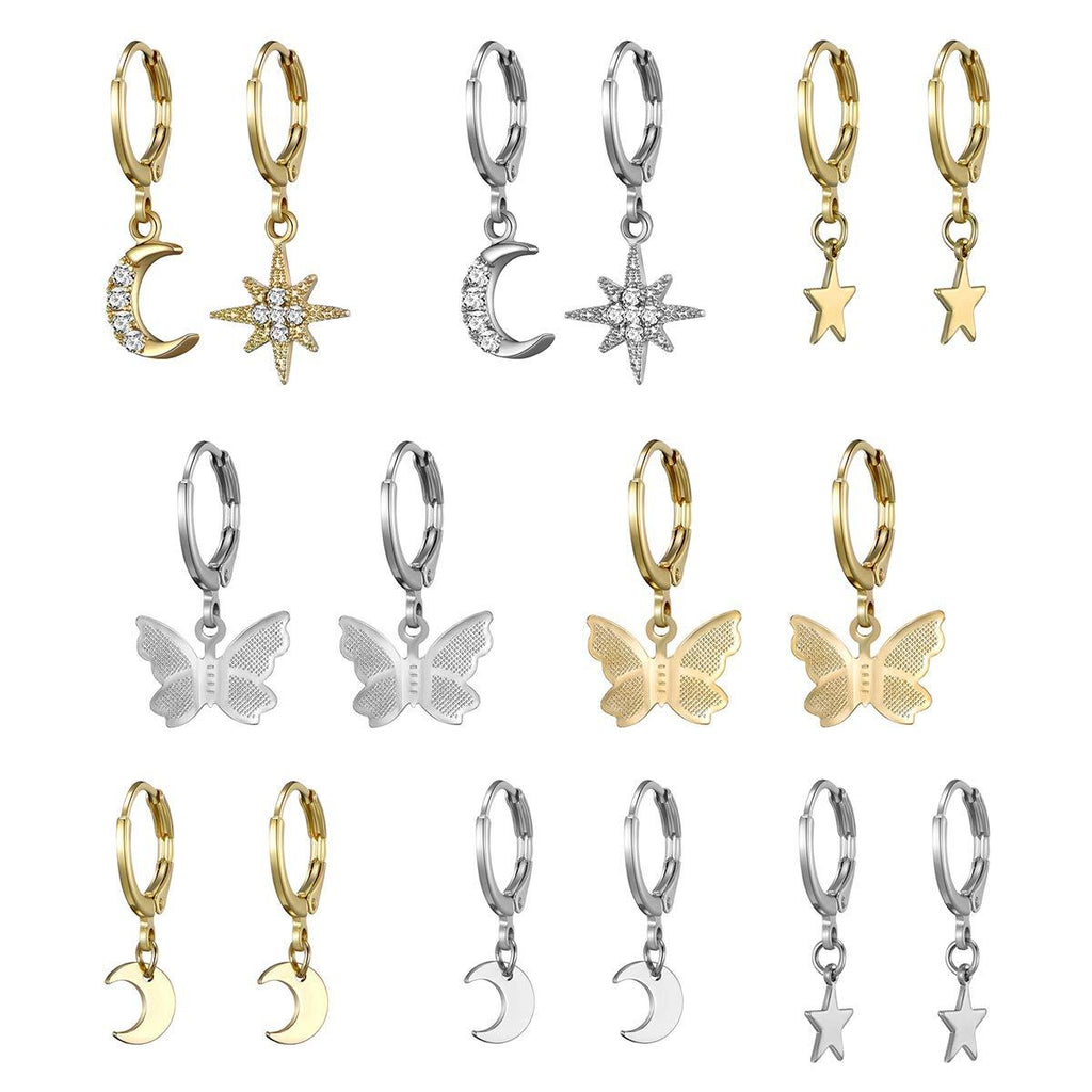 [Australia] - AIDSOTOU Small Butterfly Star Hoop Earrings Set for Women Girls Mini Huggie Hoop Earrings with Dangle Charms 8 Pairs Gold Silver 