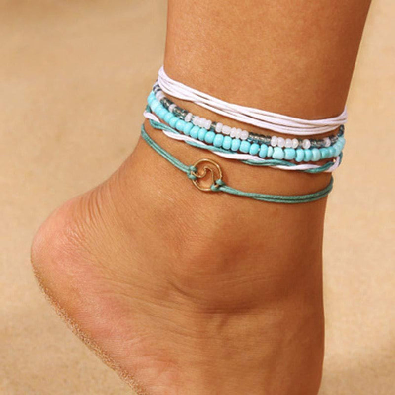 [Australia] - Obmyec Boho Beaded Anklets Layered Wave Ankle Bracelet Rope Foot Chain Jewelry for Women and Girls (5pcs) 