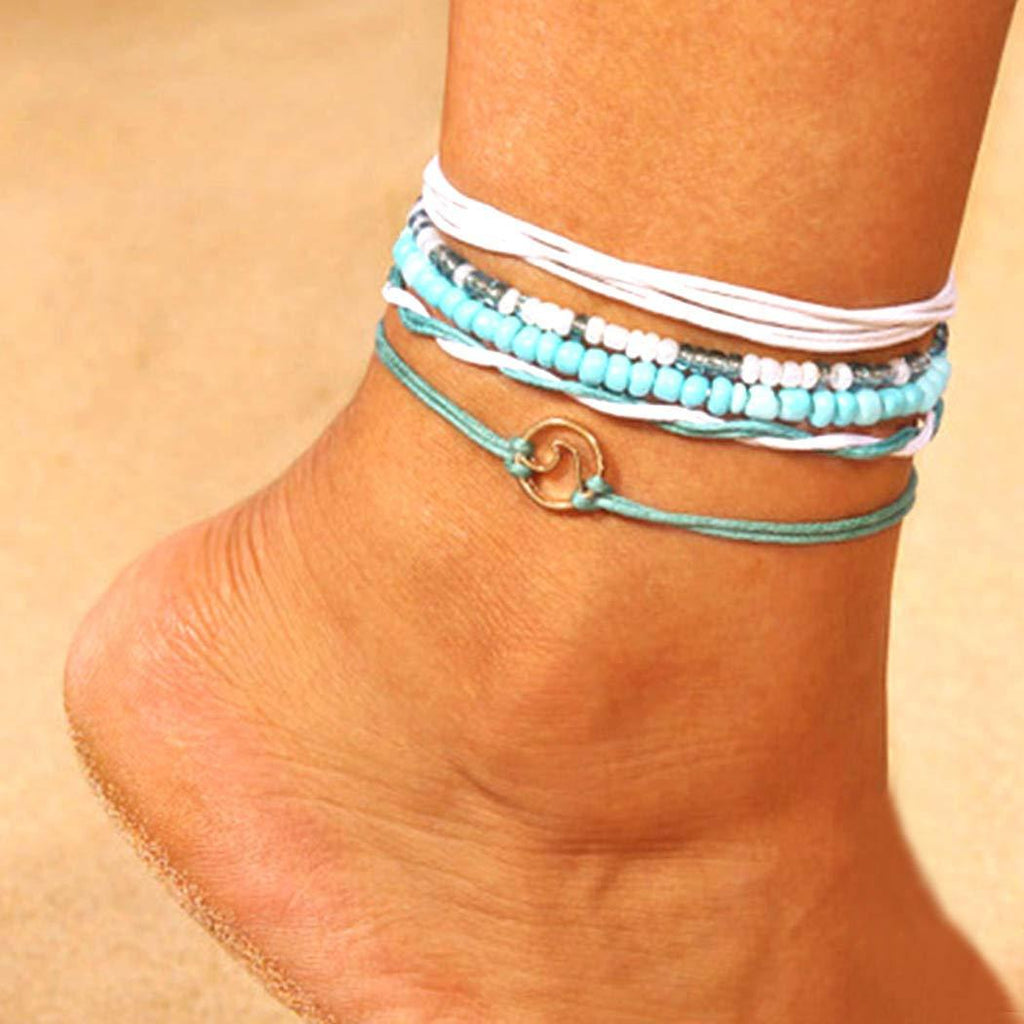 [Australia] - Chicque Bohemian Wave Anklet Set Turquoise Bead Foot Jewelry Woven Ankle Bracelets for Women and Girls 5Pcs 