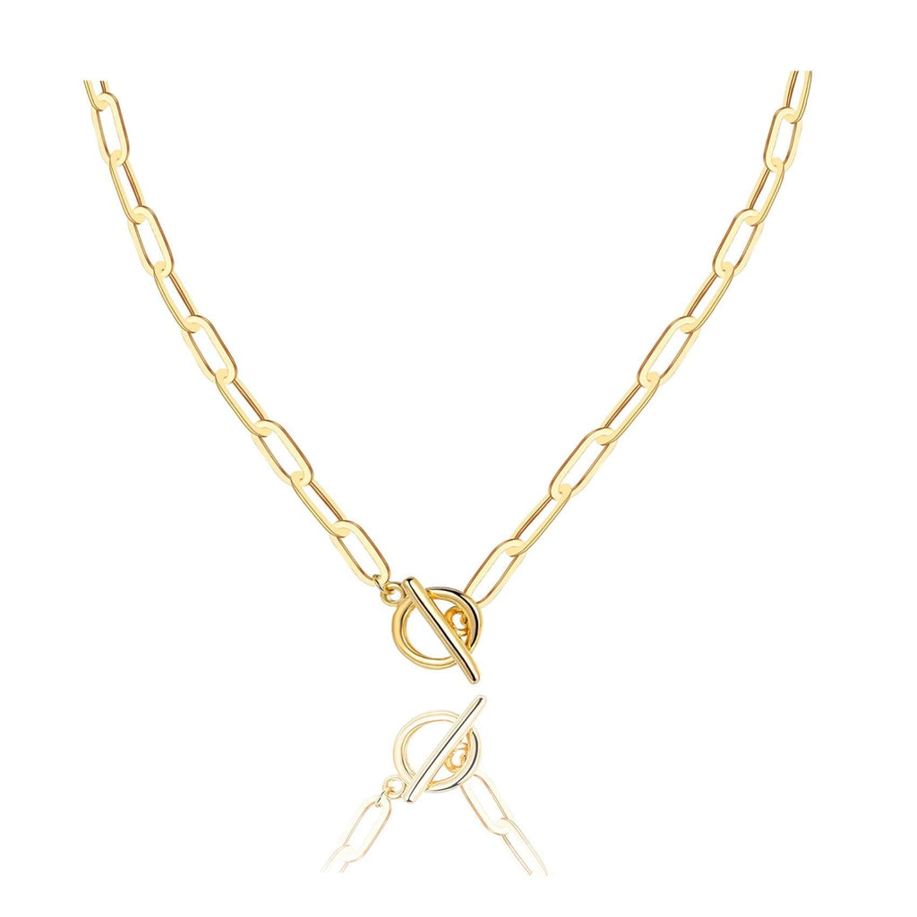 [Australia] - 14K Gold Plated Dainty Paperclip Link Chain Necklace for Women Girls Long Chain Statement Choker 16.0 Inches OT Button 