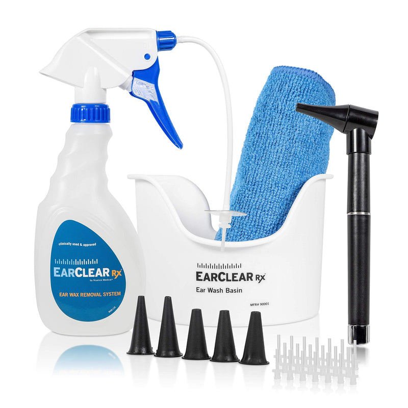 [Australia] - Ear Cleaning Kit by Nuance Medical EarClear Rx - Flexible Tip Kit with Otoscope Penlight, Basin and 20 Disposable Tips and Microfiber Towel 