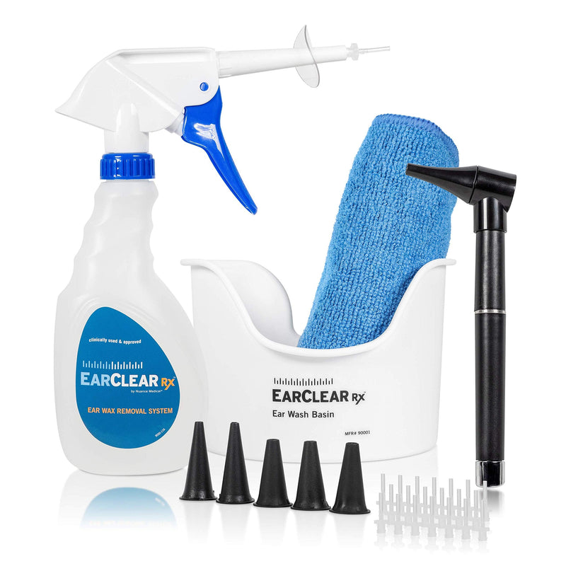 [Australia] - Ear Washing Kit by Nuance Medical EarClear Rx - Rigid Tips for Self Ear Washing with Otoscope Penlight, Basin and 20 Disposable Tips and New Microfiber Towel 