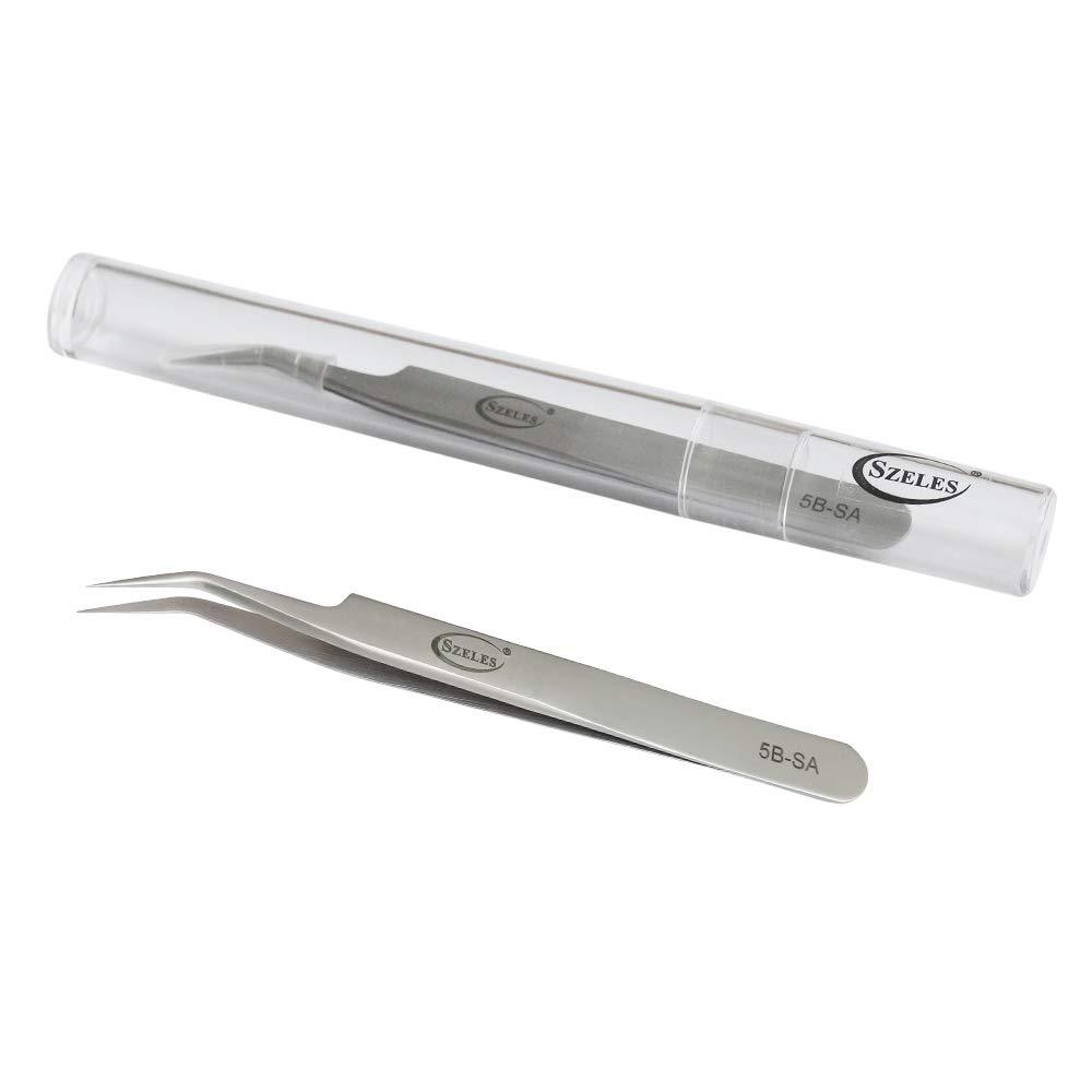 [Australia] - Szeles Vetus Volume Tweezers Stainless Steel Precision Tweezers Acrylic tube Package with Non-dust cloth Ultra Rigidity Curved Point Tweezers Pro Beauty Eyelash Extension Tool （5B-SA） 