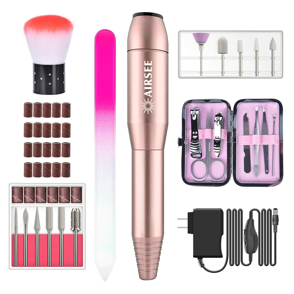 [Australia] - AIRSEE Portable Electric Nail Drill Professional Efile Kit for Acrylic, Gel Nails, Polishing Shape Tools with 11Pcs Nail Drill Bits, 26 Sanding Bands, Glass Nail File, Manicure Set, Nail Brush (Gold) Nail Drill Set a 