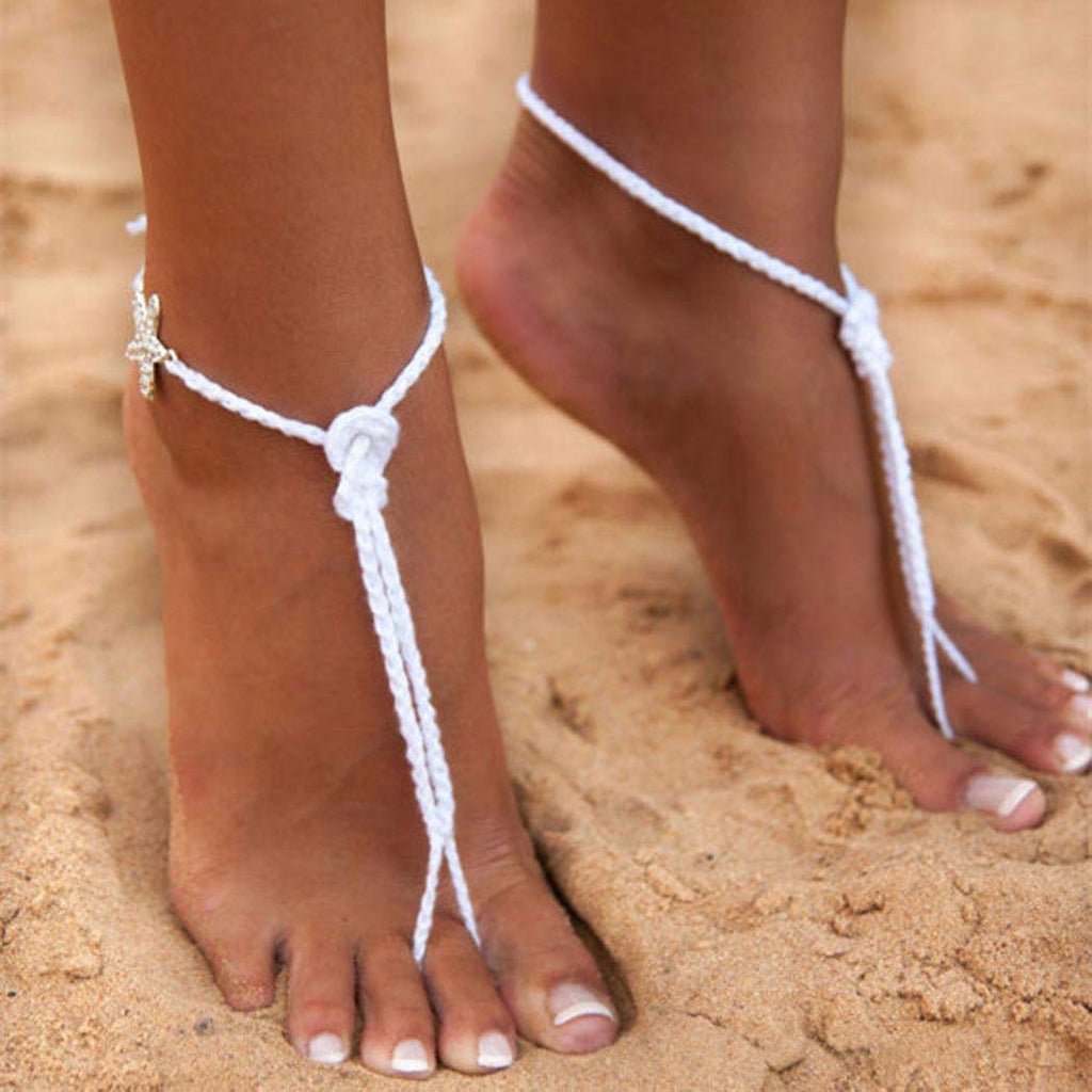 [Australia] - Chicque Beach Starfish Barefoot Sandals Crystal Foot Chain Woven Handmade Anklets for Women and Girls 1 Pairs 