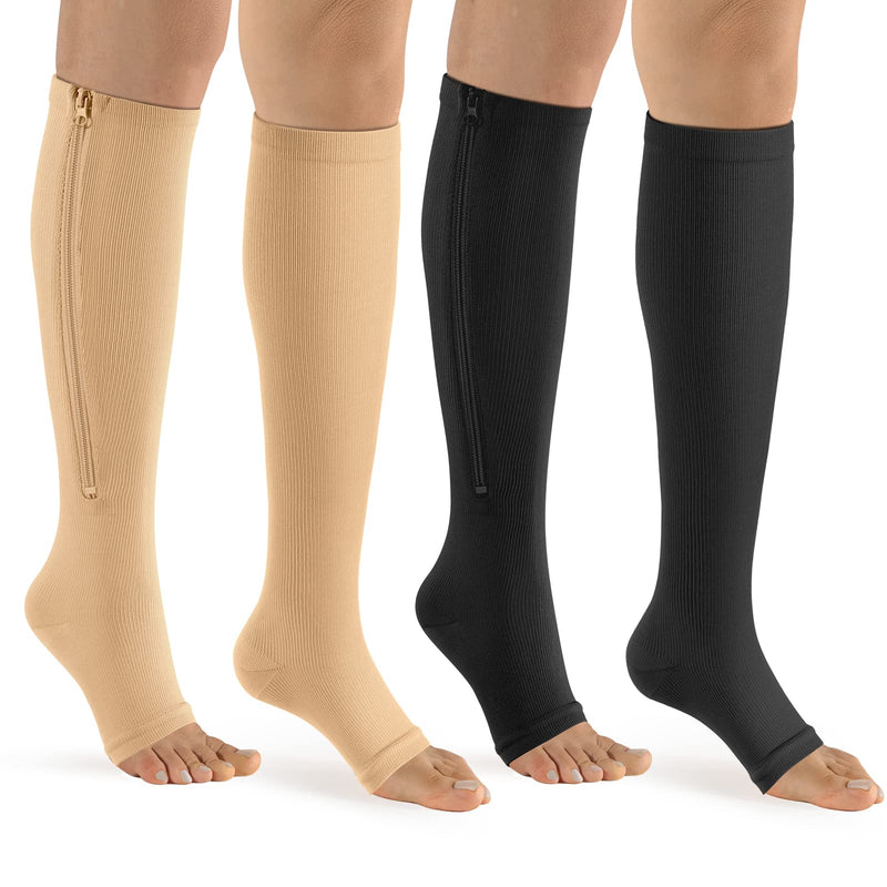 [Australia] - Zipper Compression Socks-2Pairs Calf Knee High Open Toe Compression Stocking (C- BLACK/NUDE, Large-X-Large) C- Black/Nude 