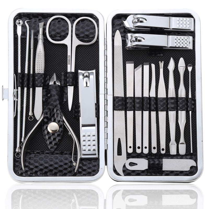 [Australia] - Manicure Set Pedicure Kit Professional 19 Pcs Nail Clipper for Men & Women Stainless Steel Sharp Cutter Grooming Nose Hair Scissors…Black Fingernails & Toenails with Portable Case (Black_19 pieces) Black_19 pieces 