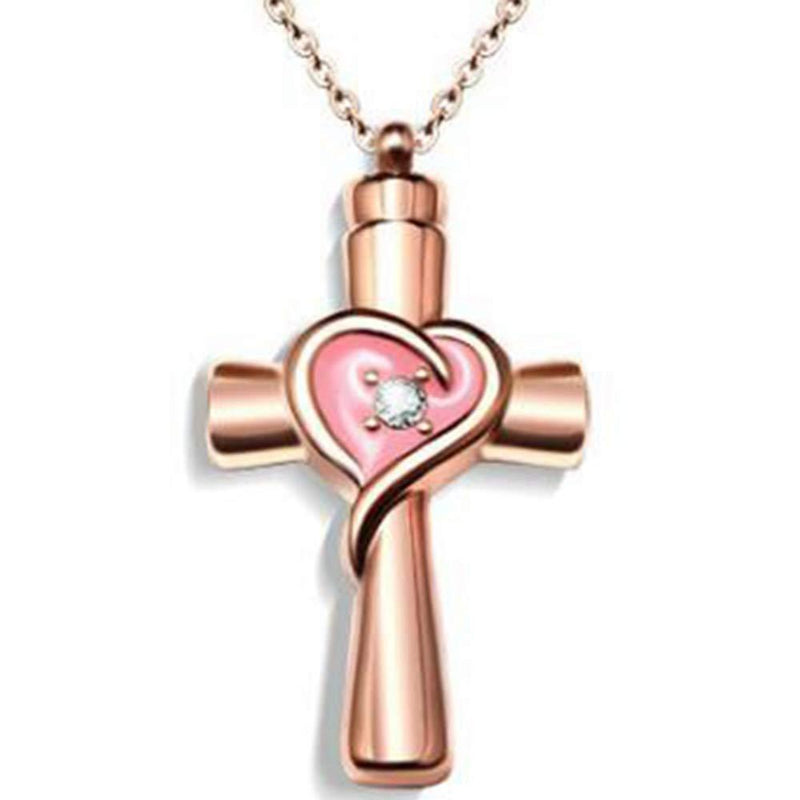 [Australia] - Jude Jewelers Stainless Steel Christian Cross Memorial Cremation Ash Urn Pendant Necklace Rose Gold 