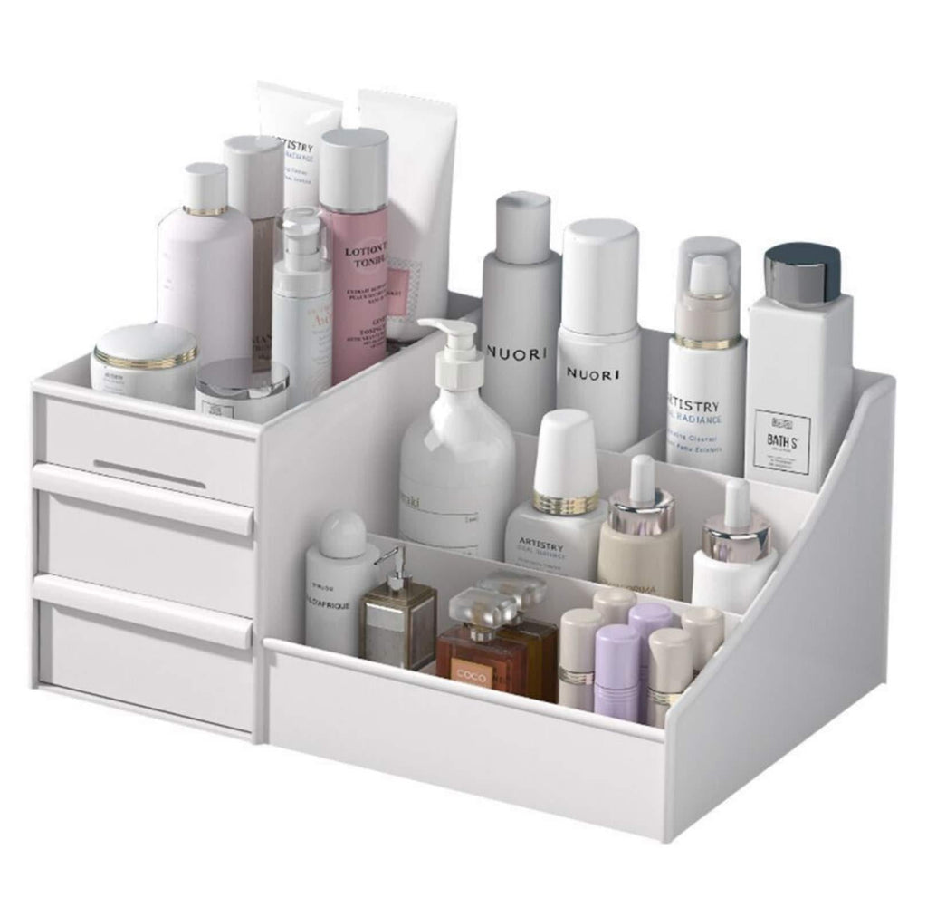 [Australia] - Makeup Desk Organizer With Drawers — Countertop Organizer for Cosmetics, Vanity Holder for Lipstick, Brushes, Lotions, Eyeshadow, Nail Polish and Jewelry (White) White 