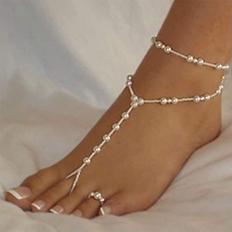 [Australia] - Aularso Wedding Anklets Pearl Barefoot Sandals Rope Ankle Bracelets Ring Foot Chain Beach Feet Jewelry for Women and Girls( 2PCS) 