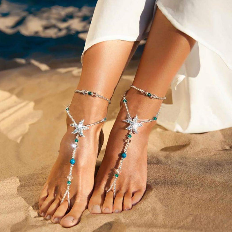 [Australia] - Aularso Layered Anklet Rhinestones Barefoot Sandals Starfish Ankle Bracelets Turquoise Ring Foot Chain Beach Feet Jewelry for Women and Girls( 2PCS) 