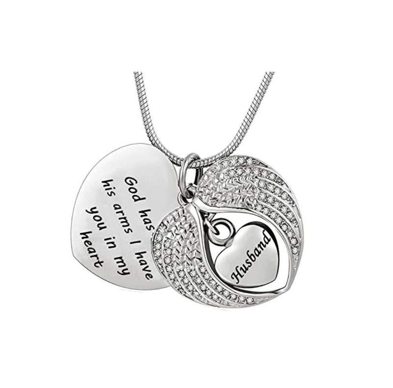 [Australia] - TGLS Angel Wing Charm Heart Urn Pendant Necklace for Human Ashes After Cremation Dad Mom Grandma Family Members Memorial Pendant Jewelry with 19" Snake Chain - God has you in his arms I have you in my heart Husband 