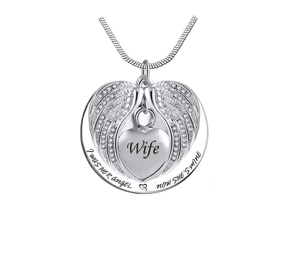 [Australia] - TGLS Angel Wing Cremation Ash Heart Urn Necklaces for Human Ashes Dad Mom Grandma Family Members Keepsake Memorial Pendant - I Was His Angel; Now He's Mine Wife 