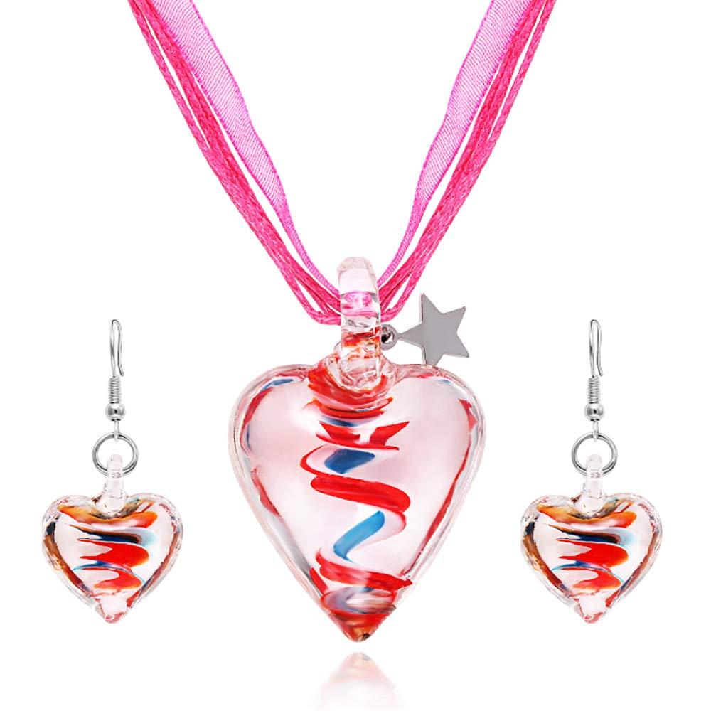[Australia] - VEINTI+1 Exotic Style Eye-Catcher Handmade Romantic Heart with Pink Flower Design Glass Necklace Multicolor Set 