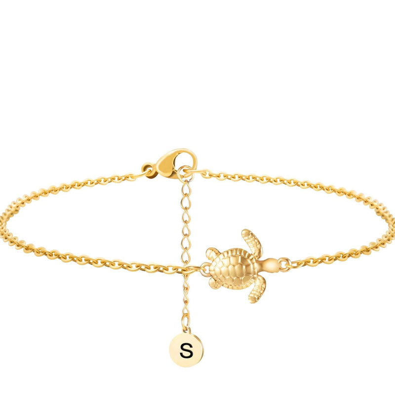 [Australia] - Joycuff Turtle Boho Anklet Bohemian Ankle Bracelet Beach Jewelry Gifts for Women Teen Girls Personalized Initial Letter Alphabets Cute Disc Gold Turtle Initial charm S 