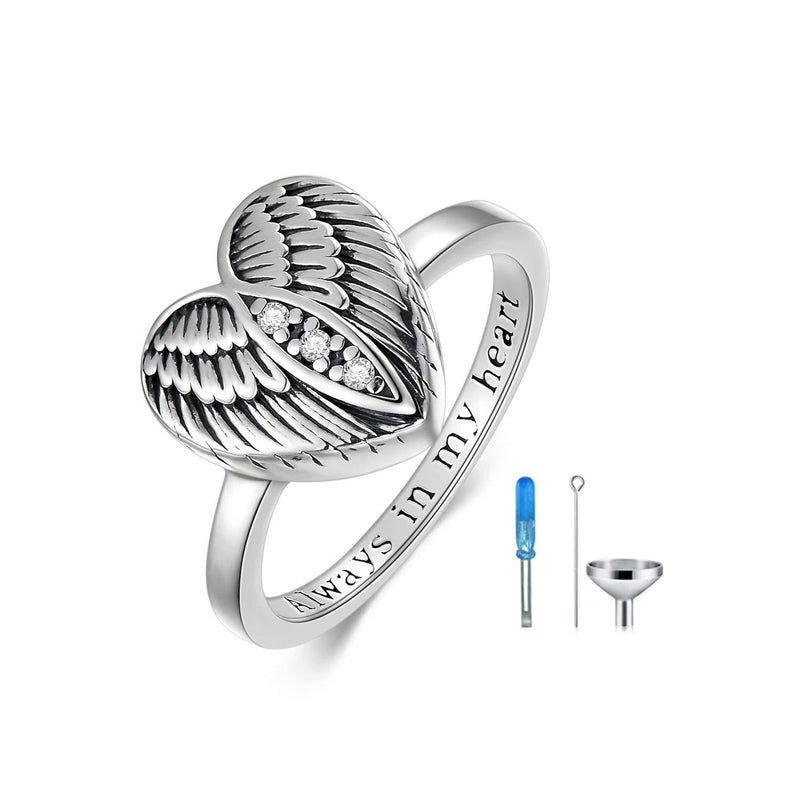 [Australia] - 925 Sterling Silver Angel Wing Heart Ring for Ashes Cremation Urn Ring for Women Men Family Friends Size 7 