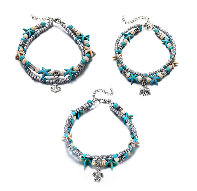 [Australia] - 3 pcs Set Simulated Turquoise Blue Starfish Multilayer Yoga Beach Anklets Bracelet Boho Foot Jewelry for Women Teen Girls Y811 Style-1 