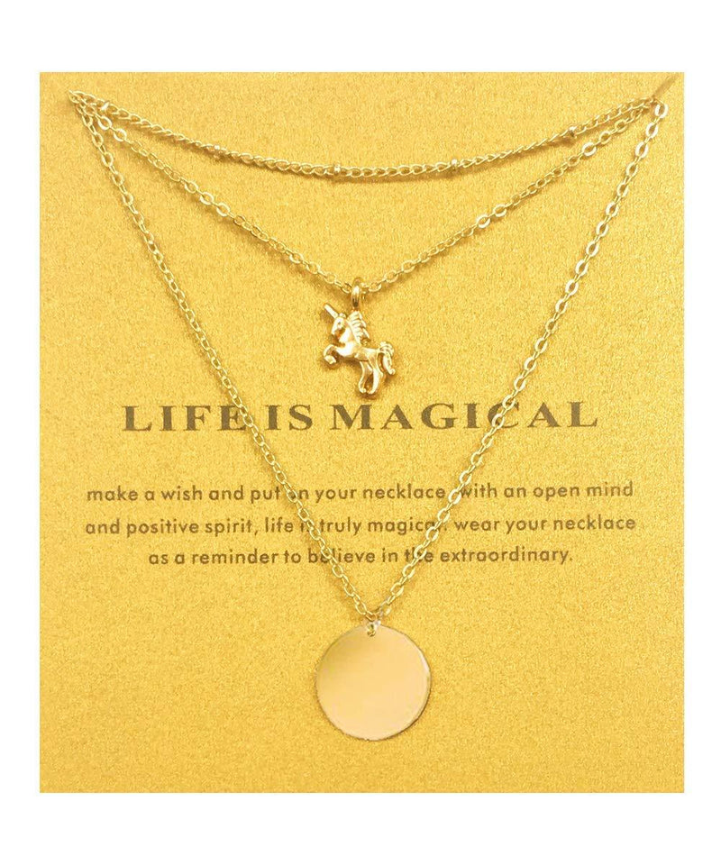 [Australia] - 3 Layered Necklaces, Butterfly Necklace Unicorn Cross Compass Pendant Necklace for Women Disc Chain Necklace with Message Card for Friendship (Gold) 