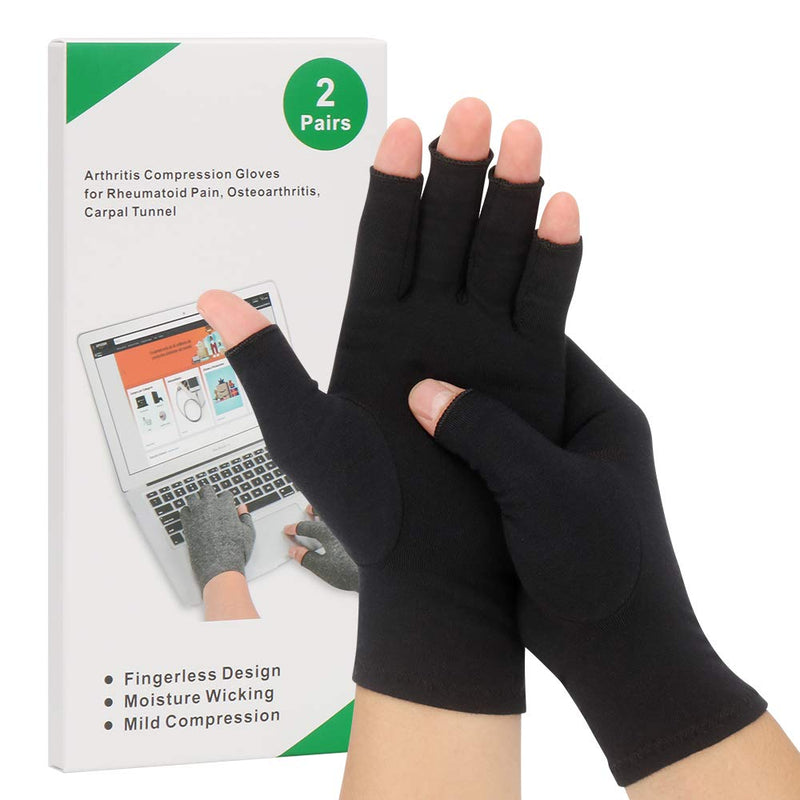 [Australia] - 2-Pair Arthritis Compression Gloves for Alleviate Rheumatoid Osteoarthritis, Carpal Tunnel Raynauds Disease, Ease Muscle Tensi on Fingerless, Breathable & Moisture, Women and Men (Black, Large) Black Large (2 Pair) 