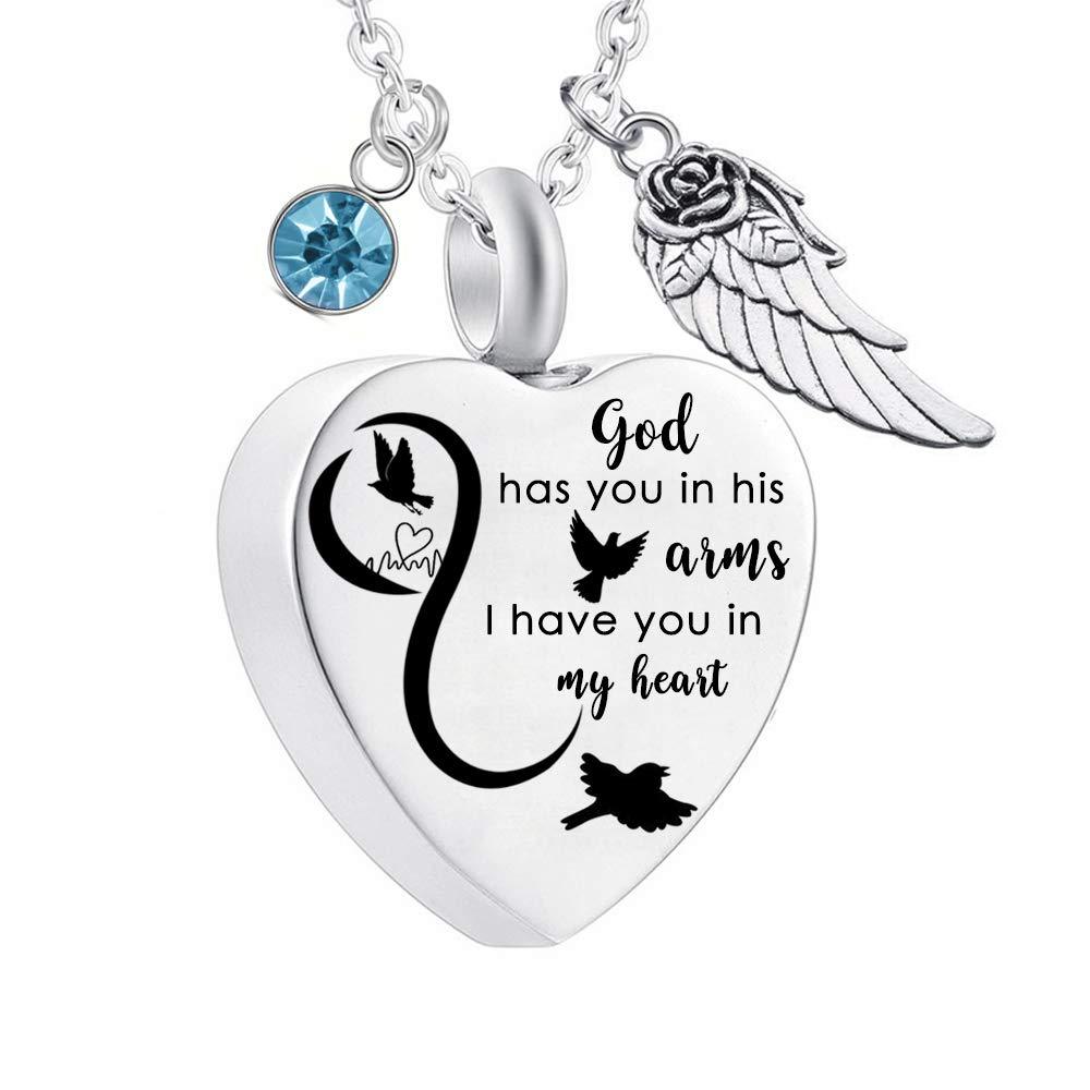 [Australia] - Heart Urn Necklace for Ash with Angel Wing Charm Pendant With 12 Birthstones Cremation Jewelry for Ashes -God Has You in His Arm... December 