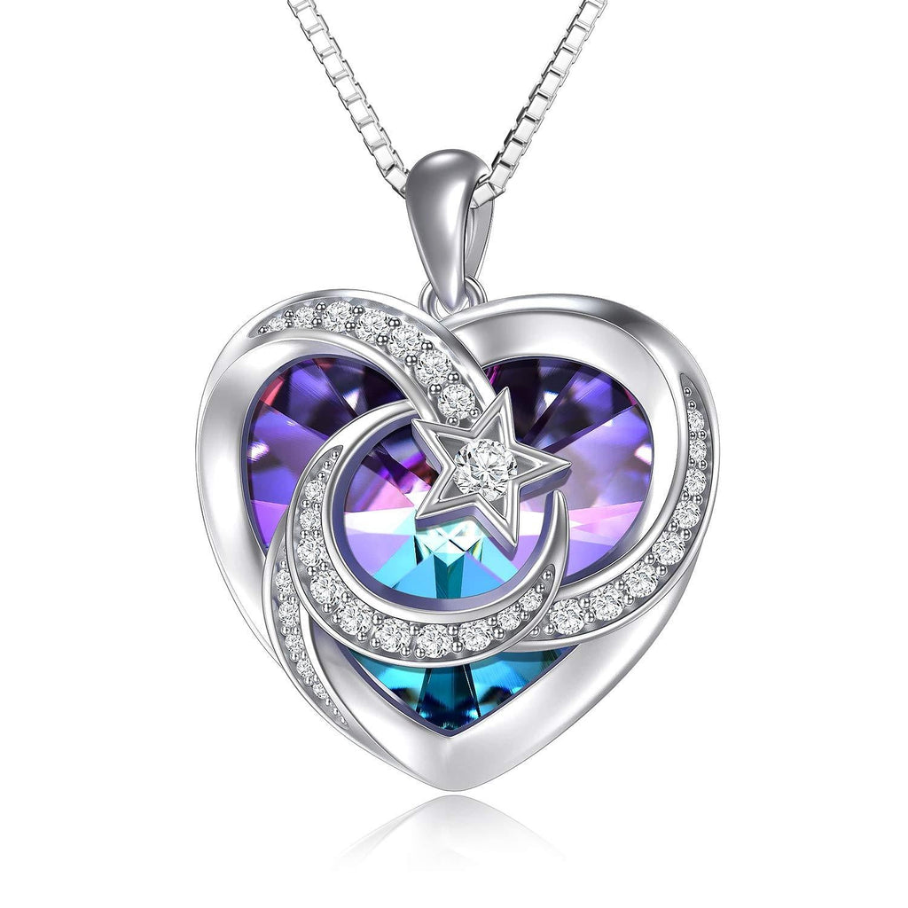 [Australia] - TOUPOP s925 Sterling Silver Moon and Star Heart Pendant Necklace with Blue/Purple Heart Crystal Jewelry Gifts for Women Teen Girls Birthday Christmas with purple heart crystal 