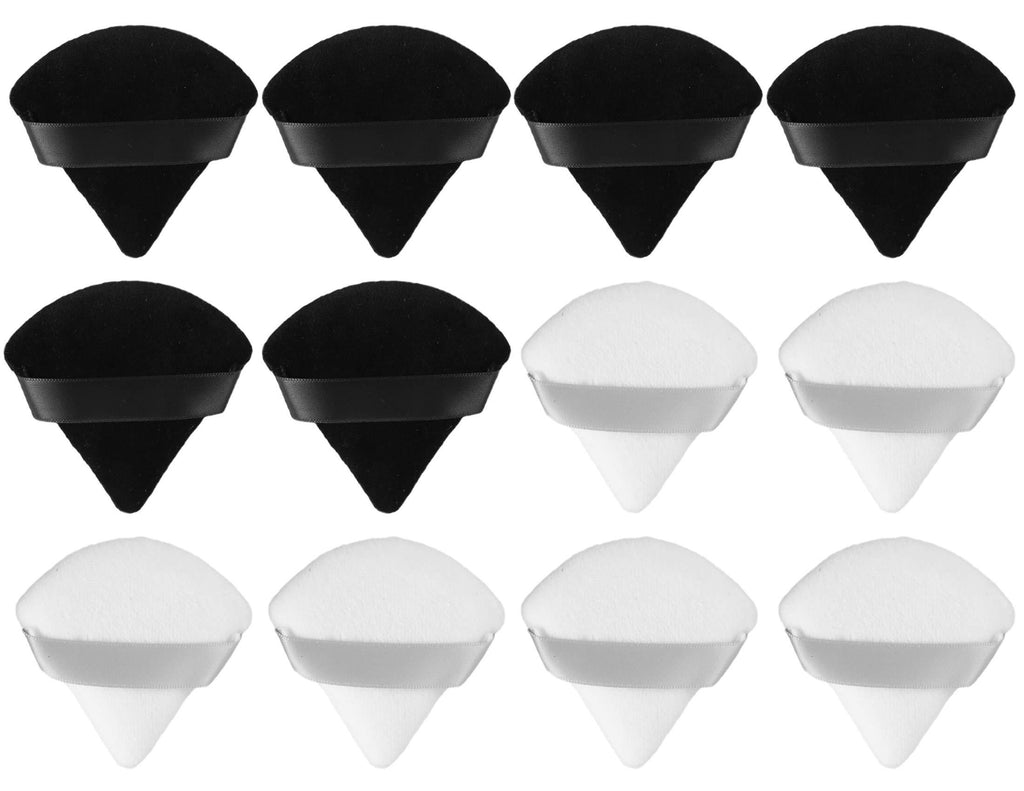 [Australia] - YASUOA 12 Pack Cosmetic Powder Puff Pure Cotton Foundation Puffs Furry Soft Sponge Triangle Makeup Tool with Ribbon Hand Strap for Girls Women Face Body Powder Skin Care Loose Powder,6 Black+6 White 