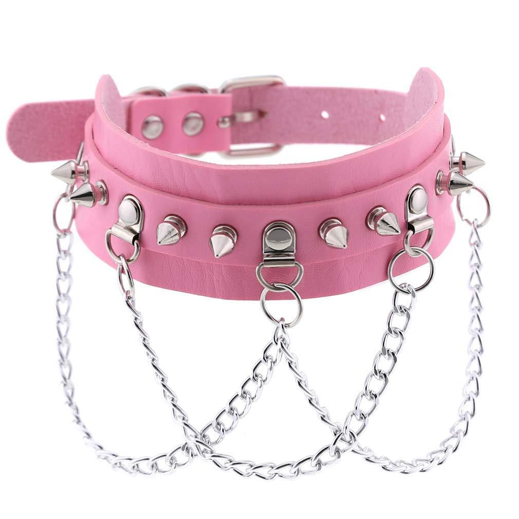 [Australia] - Women Girls Choker Collar Necklace Leather Vintage Gothic Punk Rock Rivet Necklace Pink 