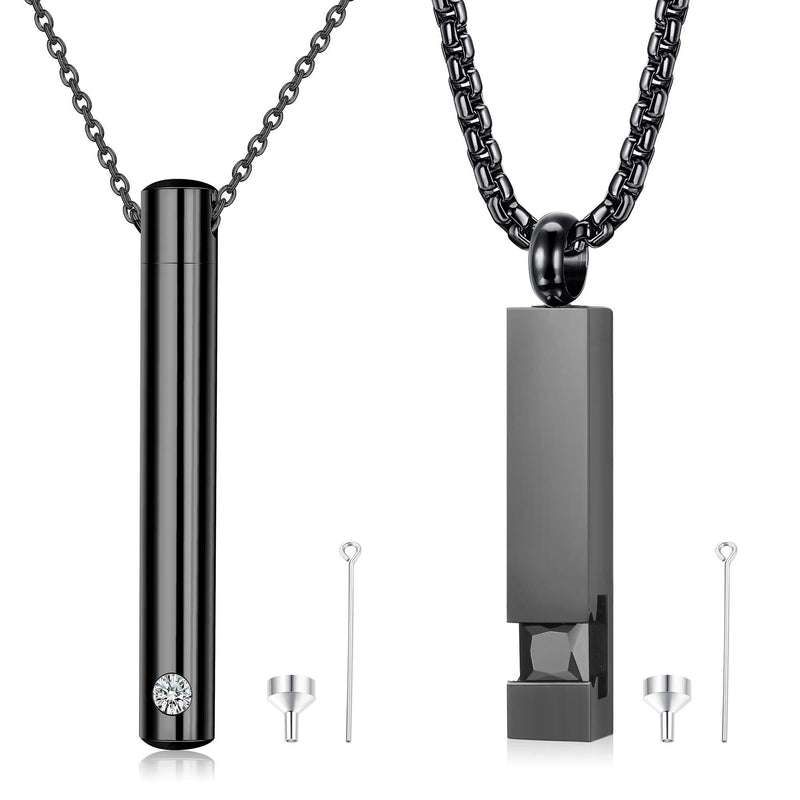 [Australia] - Milacolato 2 pcs Cremation Urn Pendant Necklace for Memorial Black Stainless Steel with CZ Necklace Ashes Jewelry Keepsakes Mixed Set-Black 