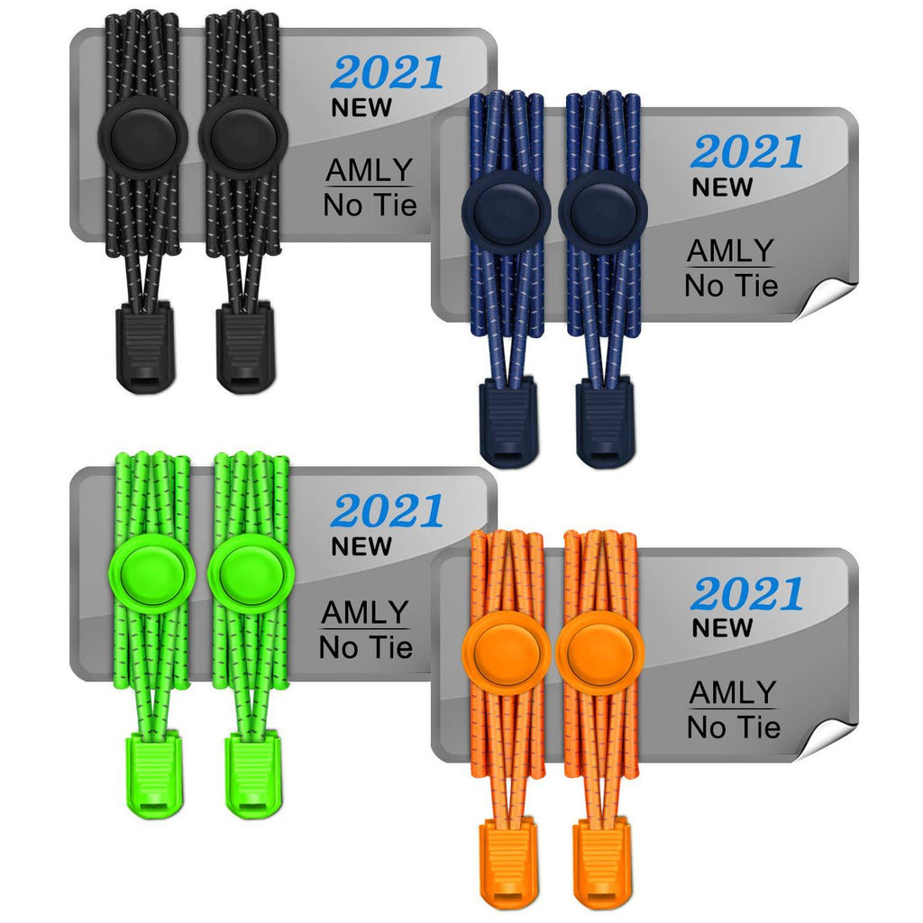 [Australia] - AMLY Elastic No Tie Shoelaces - 4 Pairs, Upgraded Lock, Heavy Duty Reflective Shoe Laces for Kids and Adults Black- Navy Blue-green-neon Orange 
