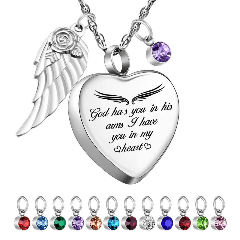 [Australia] - Dletay Heart Urn Necklace for Ashes with 12 Birthstones Angel Wing Cremation Jewelry for Ashes-God Has You in His Arms, I Have You in My Heart God has you in his arm 