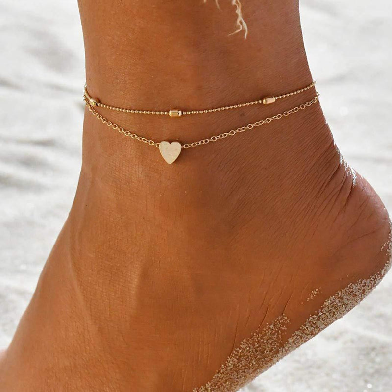 [Australia] - Outyua Boho Layer Heart Anklet Beadeds Chain Ankle Bracelet Handmade Beach Sumer Adjustable Foot Chain for Women and Girls Gold 