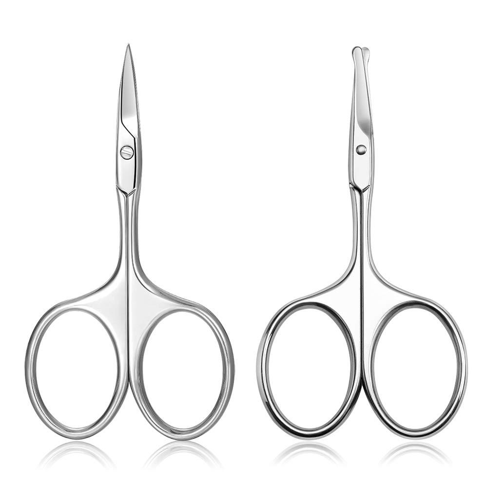 [Australia] - FERYES Nose Hair Scissors and Eyebrow Scissors Set, 2PCS Beauty Scissor for Ear Hair, Mustache/Beard Trimming, Straight and Rouned Tip Small Facial Hair Grooming Scissors for Men and Women Pointed + Round Tip 