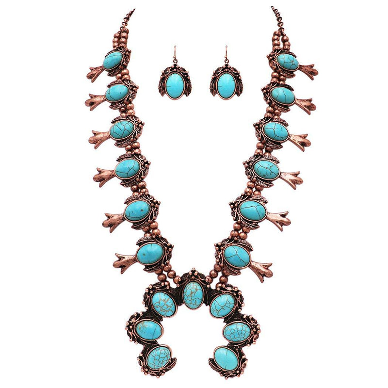 [Australia] - Rosemarie & Jubalee Women's Statement Western Copper and Turquoise Howlite Squash Blossom Necklace Earrings Set, 24"-27" with 3" Extension 