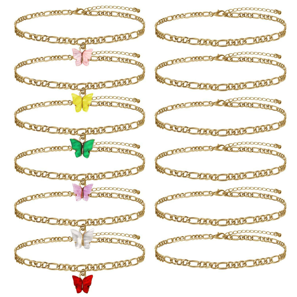 [Australia] - Butterfly Ankle Bracelets For Women Gold Butterfly Anklet Simple Cherry Cute Anklets Double Figaro Chain Ankle Bracelet Boho Summer Beach Foot Jewelry 12-24 Pieces butterfly-12pcs 