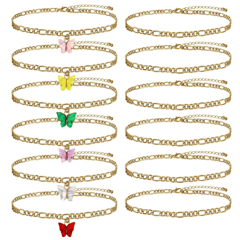 [Australia] - Butterfly Ankle Bracelets For Women Gold Butterfly Anklet Simple Cherry Cute Anklets Double Figaro Chain Ankle Bracelet Boho Summer Beach Foot Jewelry 12-24 Pieces butterfly-12pcs 