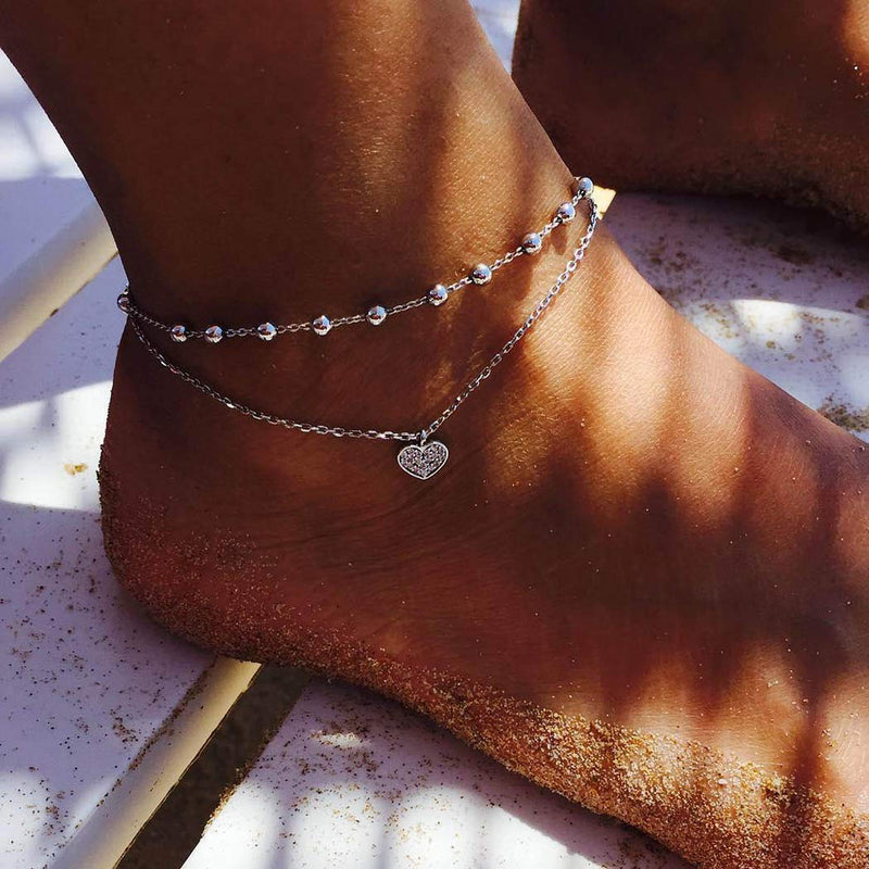 [Australia] - Earent Boho Crystal Anklets Silver Double Love Heart Pendant Ankle Bracelets Chain Beach Rhinestone Foot Jewelry Adjustable for Women and Girls 
