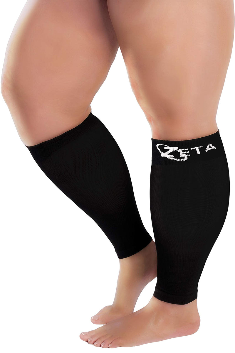 [Australia] - Zeta Sleeve L/XL Wide Plus Size Calf Compression, Soothing Comfy Gradient Support, Prevents Swelling, Pain, Edema, DVT, Large Cuffs, Stretch to 20 Inches, Unisex, for Nurses, Seniors, Flights (Black) 