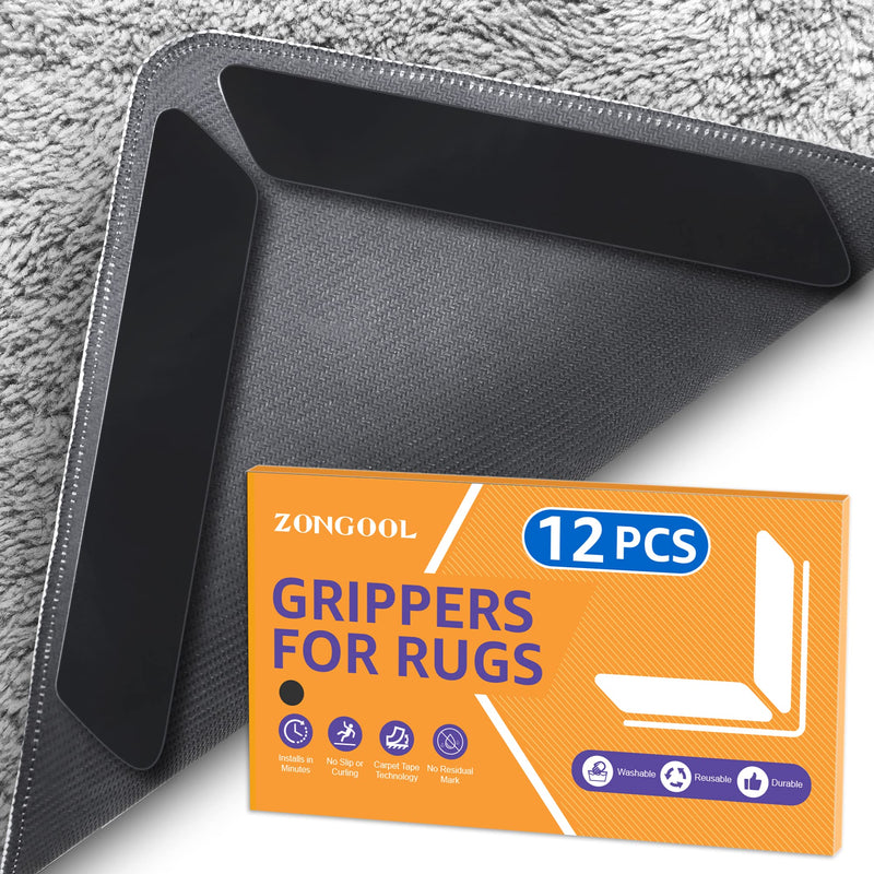 [Australia] - 12 PCS Rug Tape, Reusable Washable Carpet Tape, Double Sided Non-Slip Rug Pads for Hardwood Floors, Rug Stoppers for Area Rugs, Black 12 