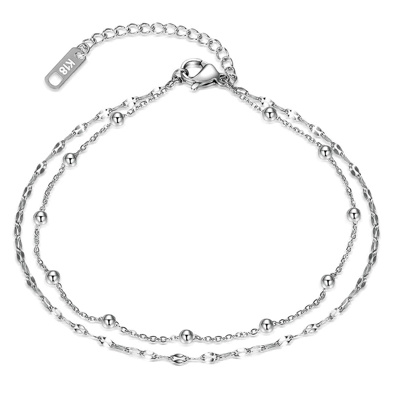 [Australia] - EPIRORA Anklets Bracelets for Women Silver Boho Layered Beach Adjustable Stainless Steel Chain Anklet Foot Jewelry 3#Layered Chain-Stainless 