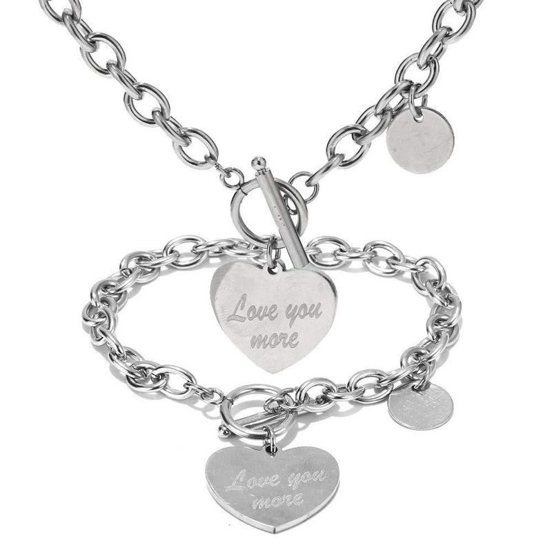 [Australia] - Heart Chain Necklace + Heart Bracelet Lock Necklace + Lock Bracelet Lock earring for Women Girls Love Charm Toggle Chain Jewelry Set Stainless Steel 18K Gold/Silver Valentines Gifts White-1 