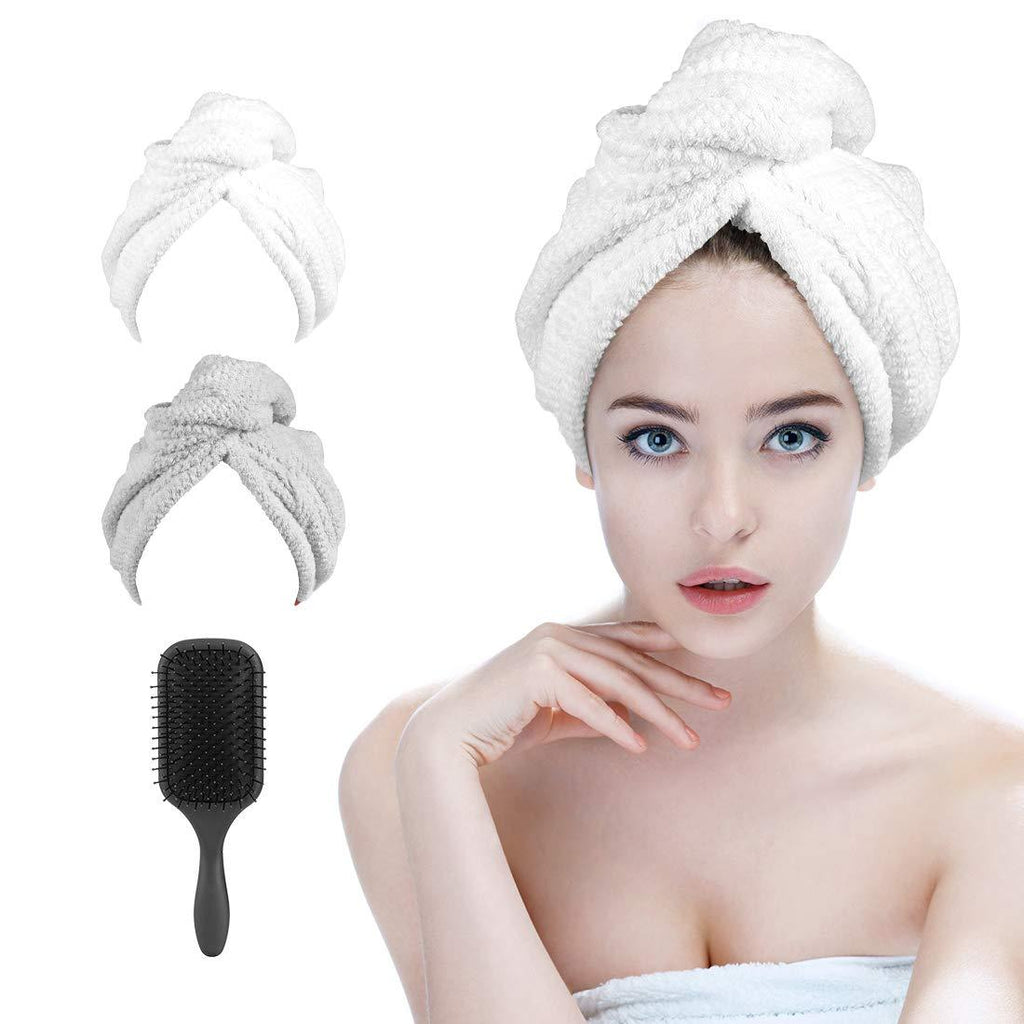 [Australia] - Microfiber Hair Drying Towels, Super Absorbent Hair Towel Wrap for Women 2 Pack Quick Dry Hair Turban with Massage Scalp Hair Brush Set for Drying Curly, Long & Thick Hair (Gray + White) Gray&white 
