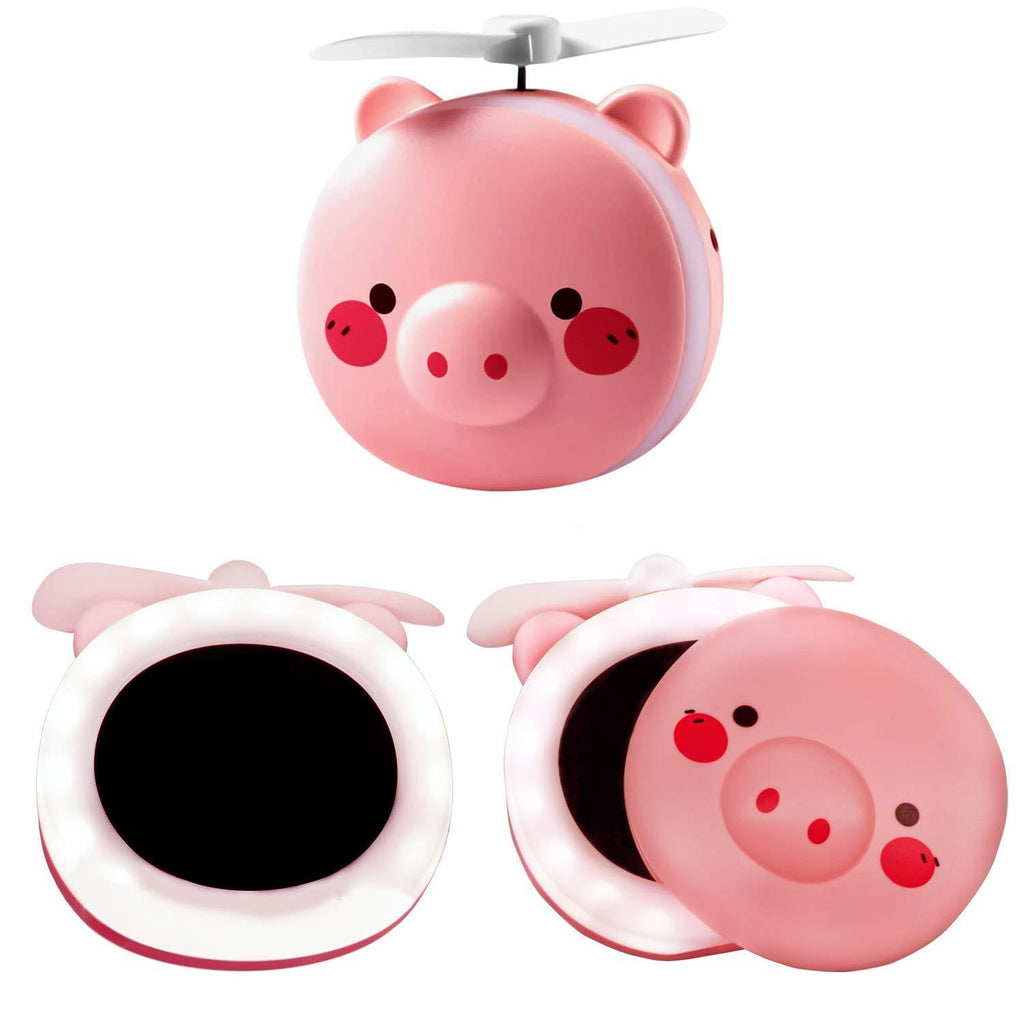 [Australia] - YWBEYOND 2 in 1 Cute Piggy Mini Cosmetic Fan LED Mirror Light Pig Cartoon Handheld Portable Makeup Hand Mirror General Purpose USB Rechargeable 
