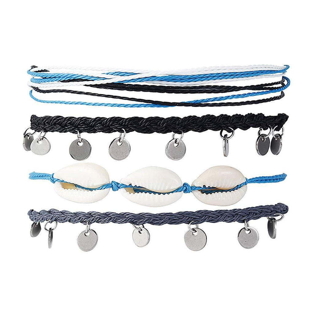 [Australia] - ISWAKI 4 Pcs Ankle Bracelets Braided Shell Feet Rope Coin Adjustable String Boho Bohemia Anklets Foot Cord Beach Jewelry for Women Girls Black 