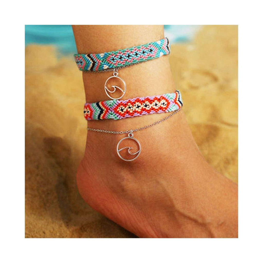 [Australia] - Yokawe Boho Layered Ankle Bracelets Braided String Woven Friendship Silver Anklet Adjustable Handmade Thread Foot Chain Jewelry for Women and Teen Girls(2pcs) (Red) Red 