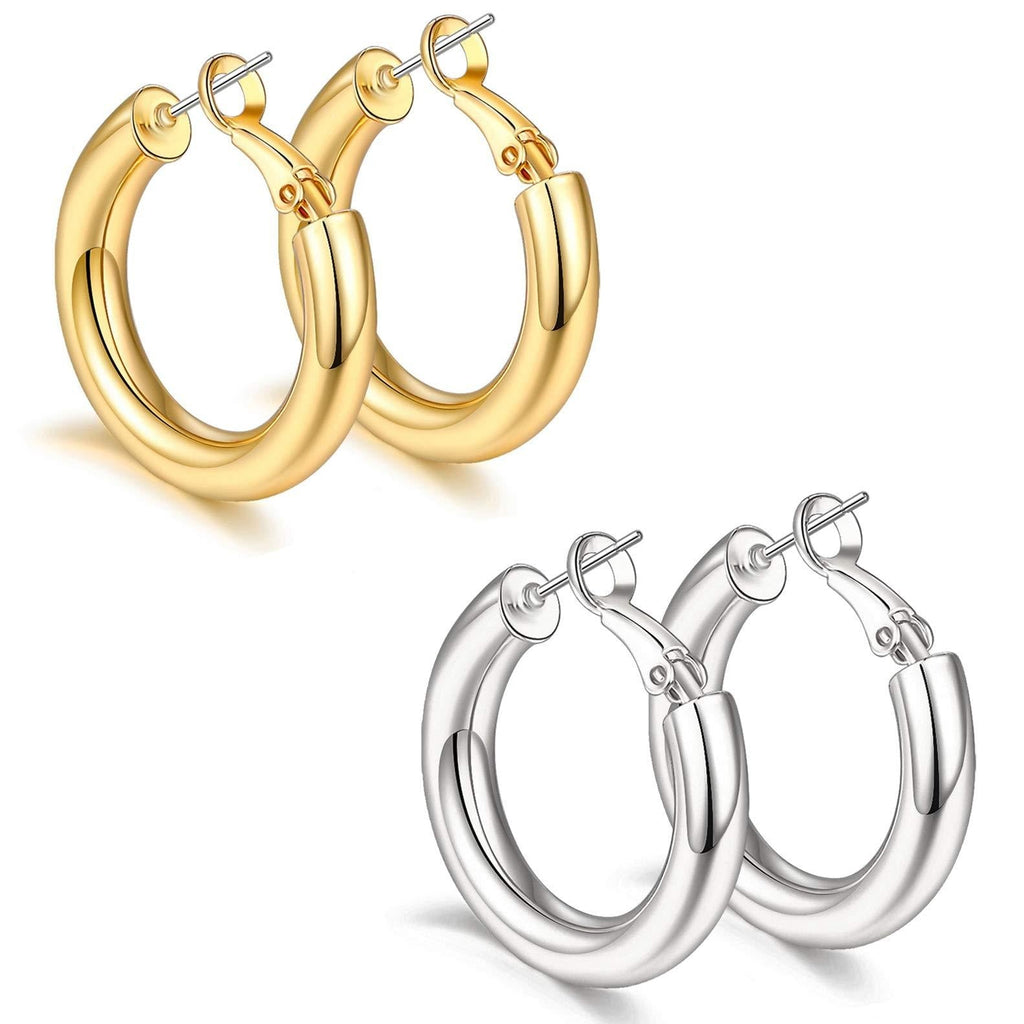 [Australia] - sovesi Gold Hoop Earrings for Women, 2 Pairs 14K Real Gold Plated Lightweight Silver Chunky Hoop Earrings Set Gift Gold+Silver 30.0 Millimeters 