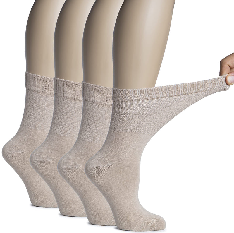 [Australia] - Hugh Ugoli Women's Bamboo Diabetic Crew Socks, Thin, Loose Fit, Soft, Wide Stretchy, Seamless Toe, 4 Pairs 6-9 Light Beige 