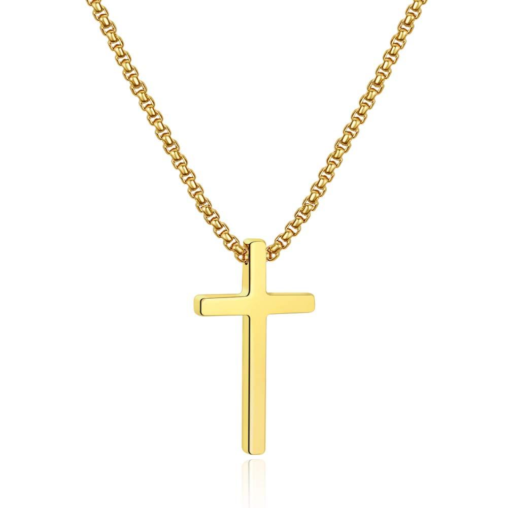 [Australia] - Ursteel Cross Necklace for Men, Silver Black Gold Stainless Steel Cross Pendant Necklace for Men, 16-30 Inches Box Chain 18.0 Inches Gold: Cross Pendant 0.8"*0.4" 