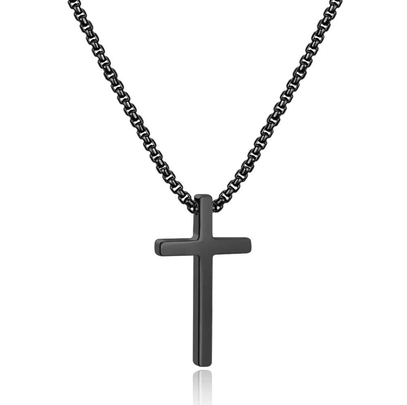 [Australia] - Ursteel Cross Necklace for Men, Silver Black Gold Stainless Steel Cross Pendant Necklace for Men, 16-30 Inches Box Chain 16.0 Inches Black: Cross Pendant 0.8"*0.4" 