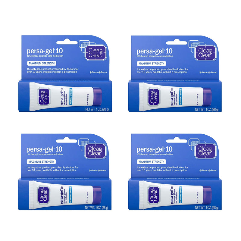 [Australia] - Clean & Clear PersaGel 10 Acne Medication Spot Treatment with Maximum Strength 10 Benzoyl Peroxide Topical Pimple Cream Acne Gel medication for Face Acne with Benzoyl Peroxide, 4 Count 1 Ounce (Pack of 4) 